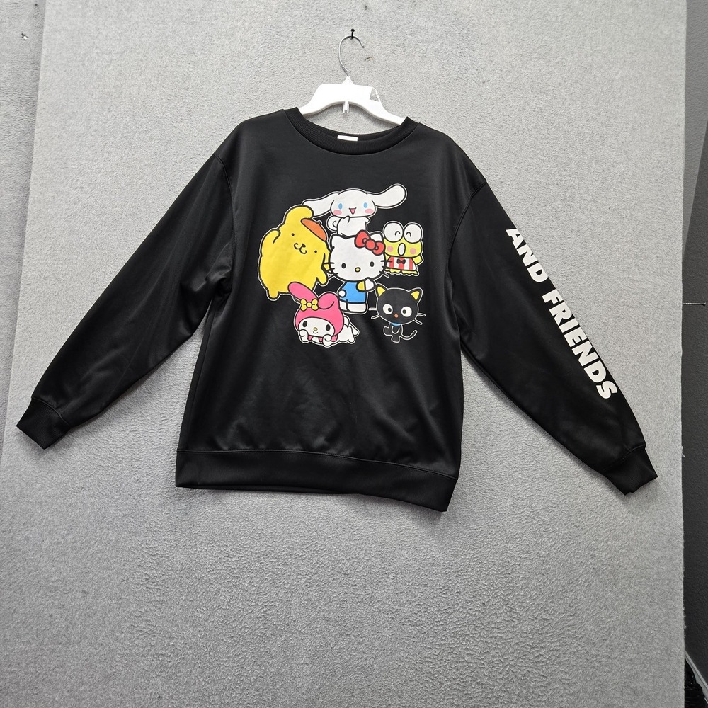 Sanrio Women Sweatshirt L Black Graphic Fleece Hello Kitty Whimsical Logo